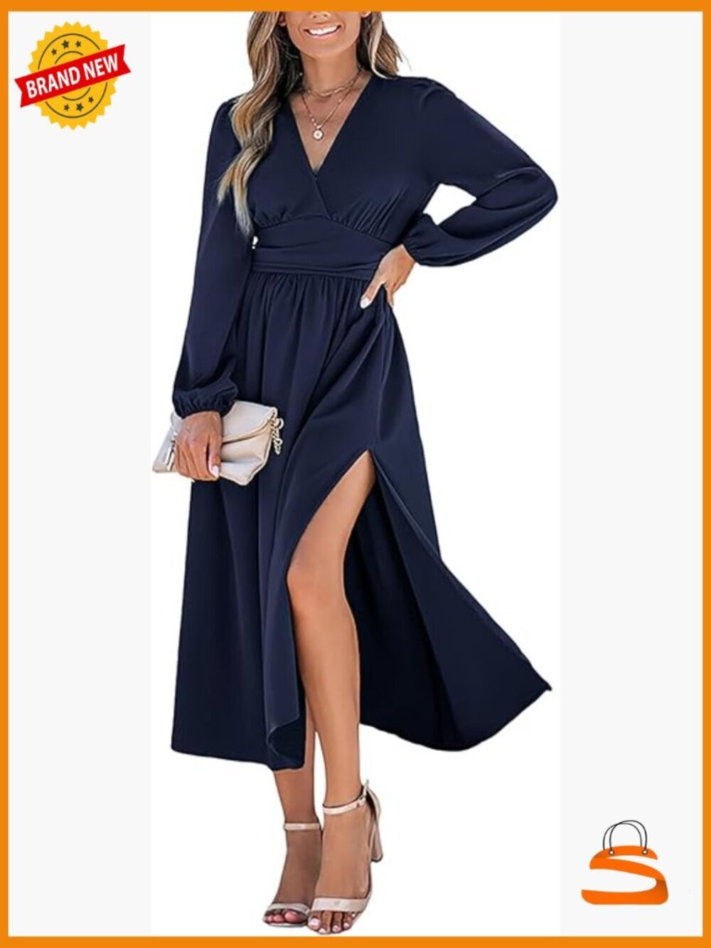 V Neck Long Sleeve Puff Midi Dress with Side Slit A Line Tunic